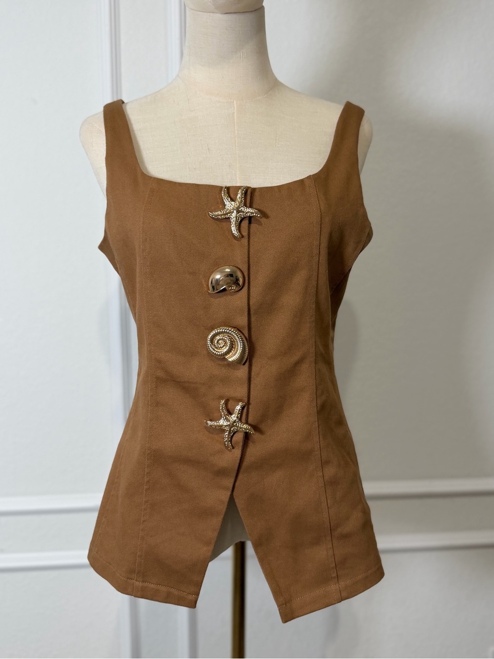 Pastels Brown Square Neck Tank with Nautical Shell Buttons / Fall